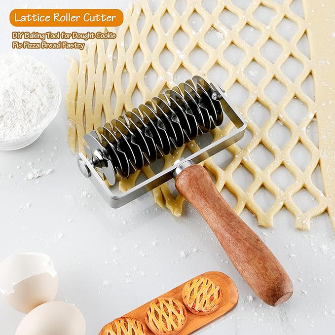 Stainless Steel Lattice Cutter, Dough Lattice Roller Cutter Baking Tool Cookie Pie Pizza Bread Pastry Crust Roller Cutter with Wood Handle, Household Time-Saver Baking Pastry Tools for Pizza Biscuits