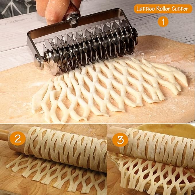 Stainless Steel Lattice Cutter, Dough Lattice Roller Cutter Baking Tool Cookie Pie Pizza Bread Pastry Crust Roller Cutter with Wood Handle, Household Time-Saver Baking Pastry Tools for Pizza Biscuits